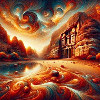 The primary subject of the image is a large, colorful painting of a rocky landscape with a river flowing through it. The setting includes a mountainous background and a large building, possibly a castle, in the distance. The visual style of the painting is a mix of digital art and illustration, creating a vibrant and dynamic scene. The dominant colors in the painting are red, orange, and blue, giving the image a warm and inviting atmosphere.
